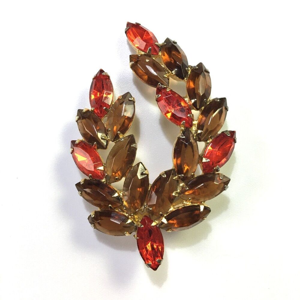 Vintage Glass Rhinestone Brooch Brown Topaz Color & Orange Navettes